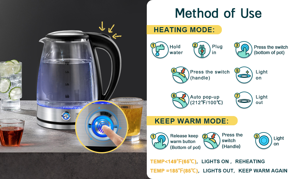Pukomc Electric Tea Kettle with Keep Warm Mode, 1.8L Glass
