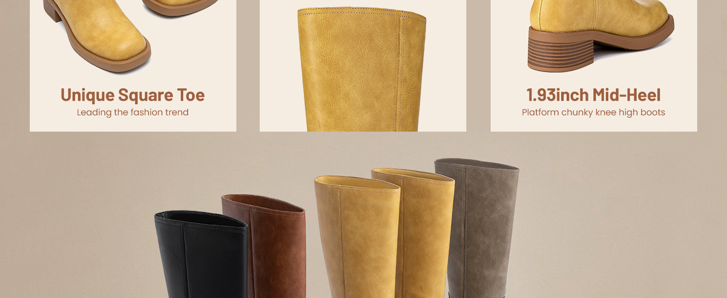 Women's Knee High Boots Square Toe Wide Calf SlipOn Chunky