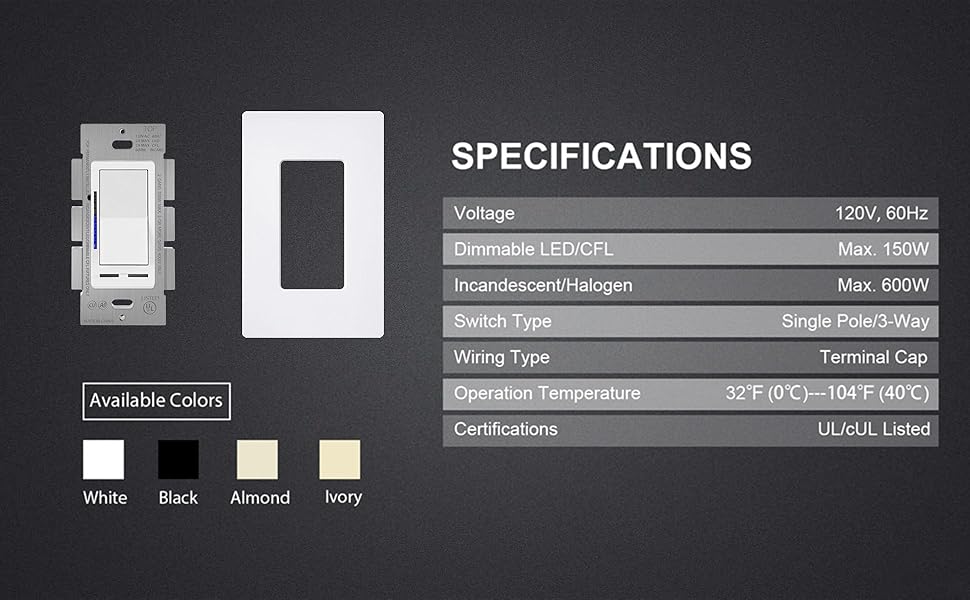 [10 Pack] BESTTEN Digital Dimmer Switch with LED Indicator, Single Pole or 3Way, Horizontal