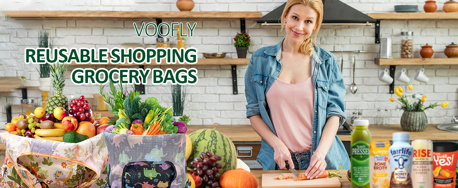 voofly 3 Pack Grocery Bags Reusable Shopping Bags Machine