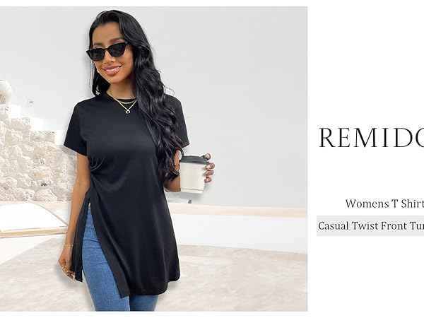 Remidoo Women's Split Hem T Shirt Round Neck Short Sleeve