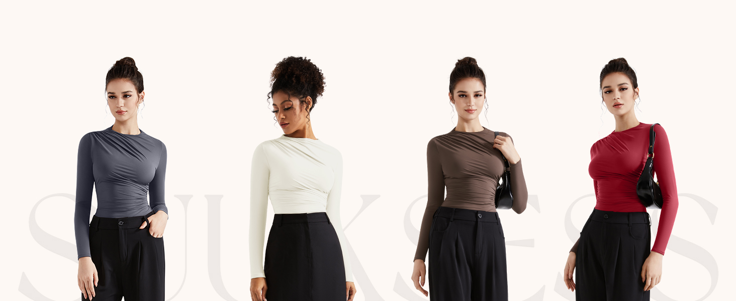 Women Mock Neck Long Sleeve Tops Double Lined Ruched T Shirts