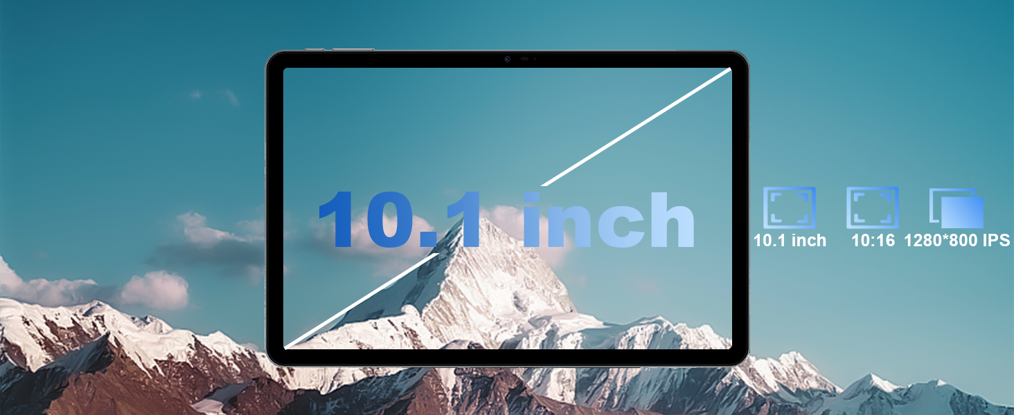 a tablet with a picture of a mountain in the background