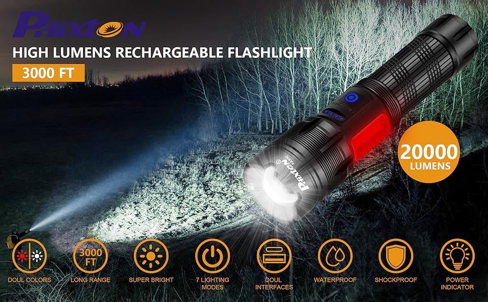 PHIXTON Flashlights Rechargeable LED High Lumens, Powerful 20000 Lumen