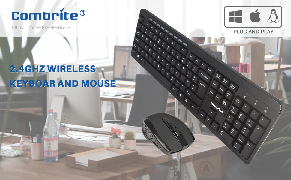Combrite 2.4GHz wireless keyboard and mouse set. Black keyboard with full layout and compact wireless mouse. Compatible with Windows, Mac, and Android.