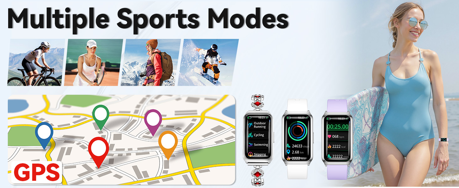 Text reads 'Multiple Sports Modes'. Series of interface screens showing fitness tracking features with GPS maps and exercise mode icons.