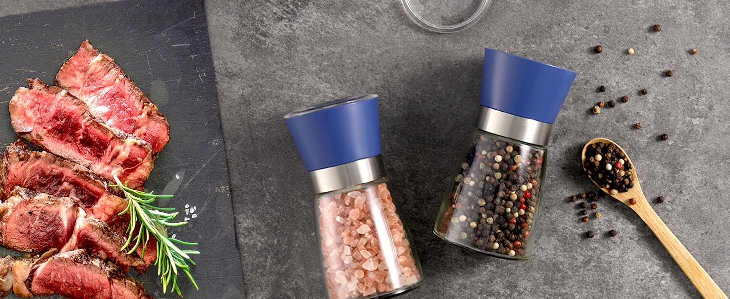 Vzaahu Salt and Pepper Grinder Set Blue Refillable Small