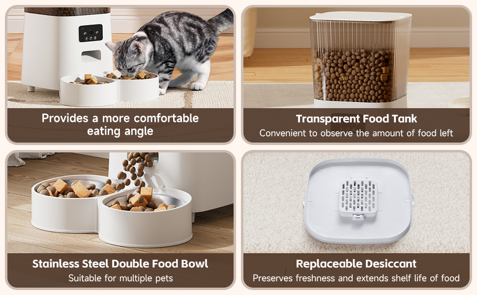 Pet feeder with elevated double bowls, digital display, and separate transparent food storage container. Features include comfortable eating angle, stainless steel bowls, and replaceable desiccant compartment.