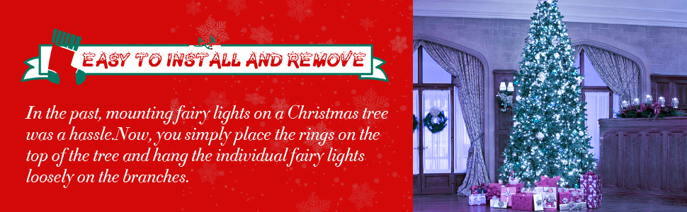 Split image: Left shows text about Christmas tree lights installation. Right displays a decorated Christmas tree with lights in a room setting.