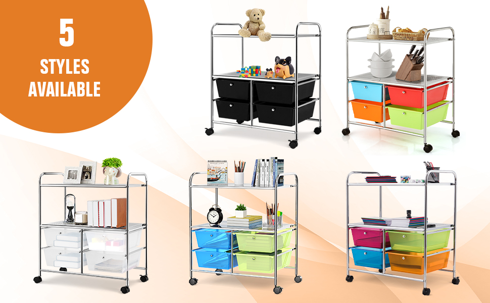 COSTWAY Rolling Storage Cart w/ 4 Drawers 2 Shelves, Home