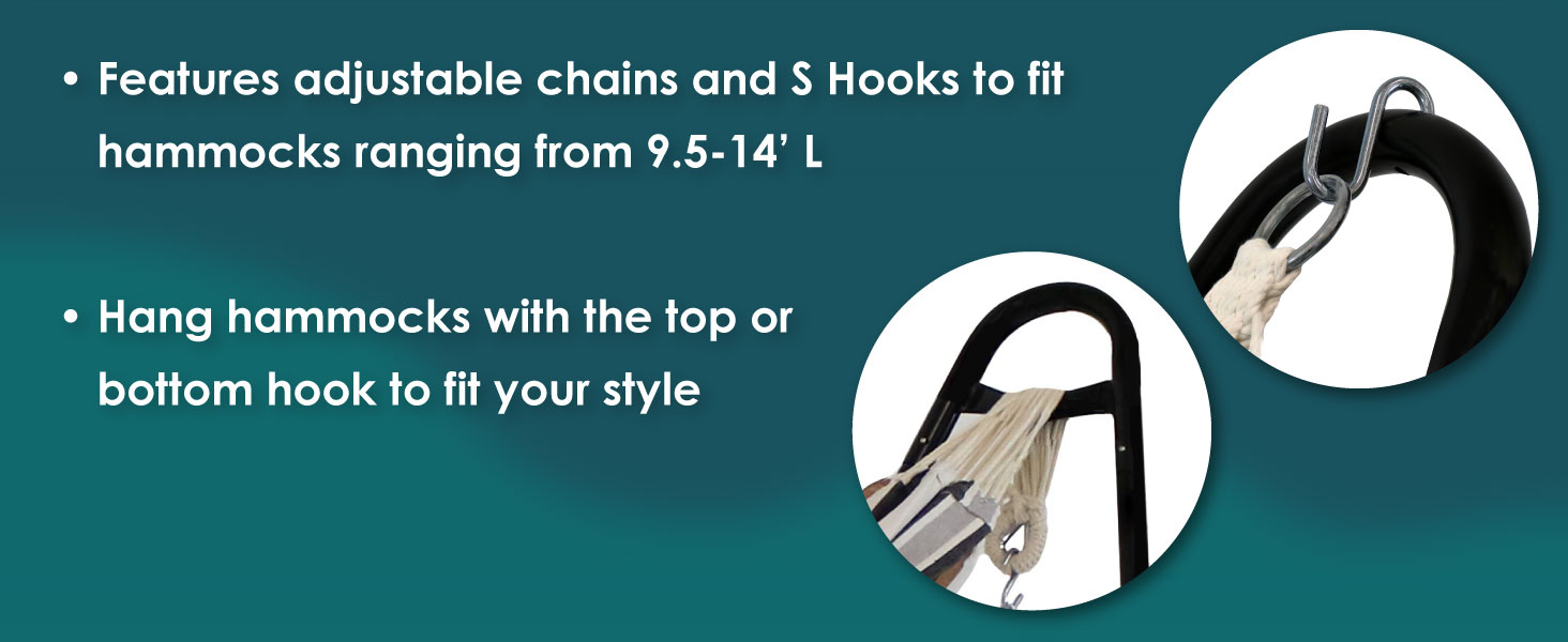 features adjustable chains and S Hooks to fit hammocks ranging from 9.5-14 feet long fits any style