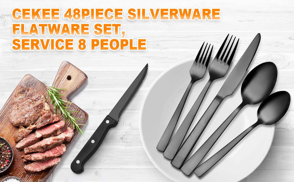 48 Pieces Black Silverware Set with Steak Knives, CEKEE
