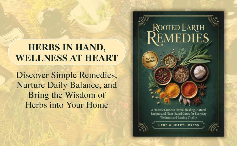 Text reads 'HERBS IN HAND, WELLNESS AT HEART' and 'Discover Simple Remedies, Nurture Daily Balance, and Bring the Wisdom of Herbs into Your Home'. Book cover 'ROOTED EARTH REMEDIES' showing herbal ingredients.