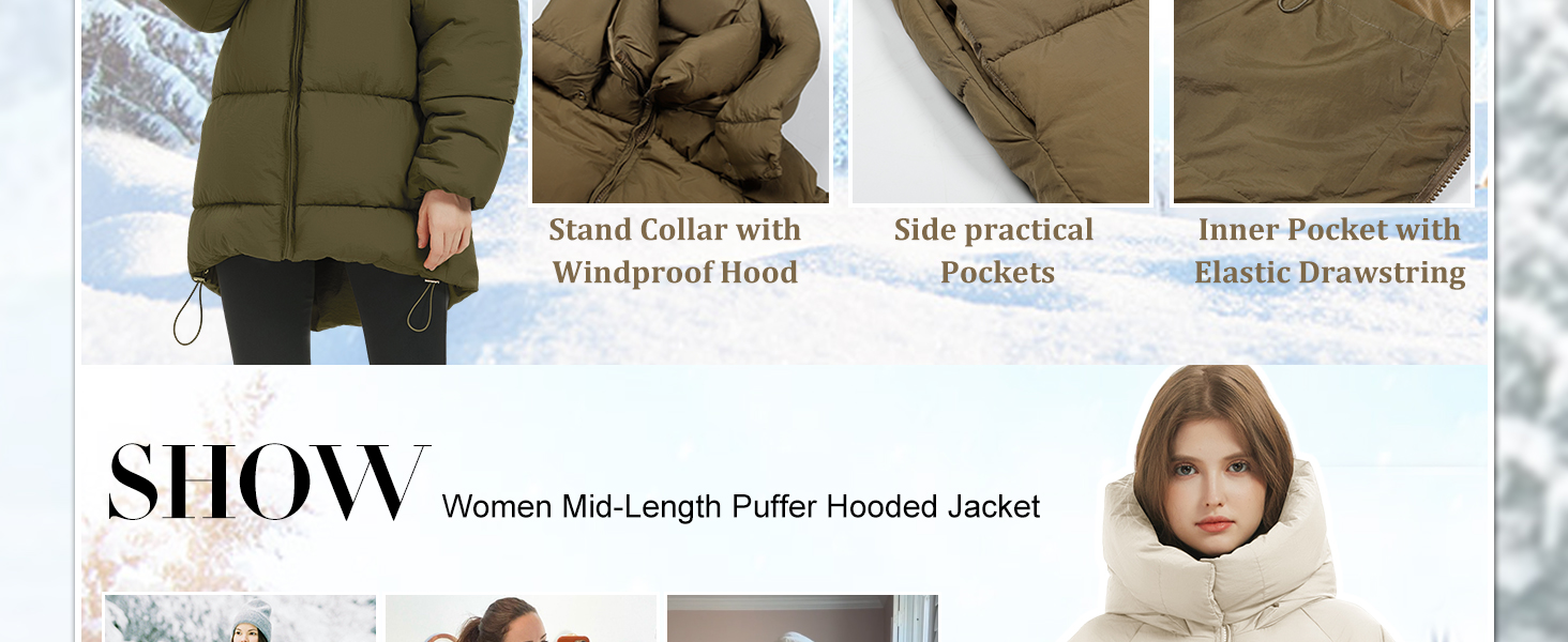 PEHMEA Women Mid-Length Puffer Hooded Jacket