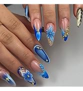 IMRAIN Blue Flower Press on Nails Long Stiletto Fake Nails French Tips with 3D Floral & Golden Ch...