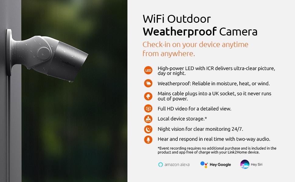 Link2Home WiFi Outdoor Weatherproof Camera – For Home Security, Surveillance, CCTV, No Hub Required (Silver) 7 WiFi outdoor weatherproof camera, high-power LED, ultra-clear picture day and night. Full HD video