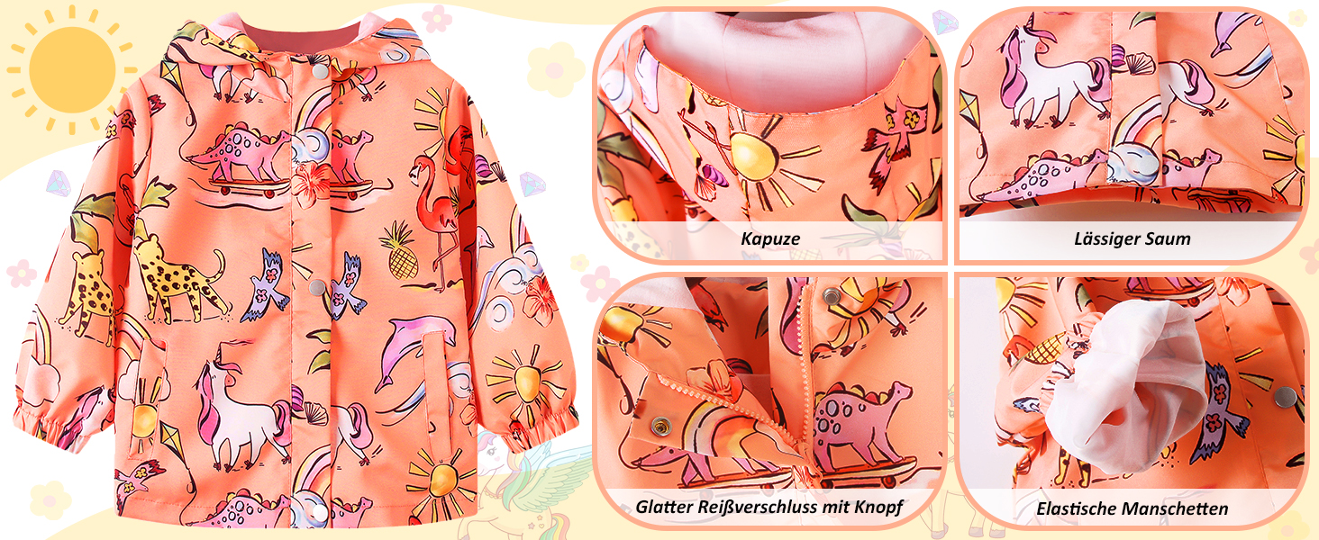 Coral-colored children's smock with playful unicorn and animal print pattern. Features elastic cuffs and additional detail views showing collar and sleeve construction.