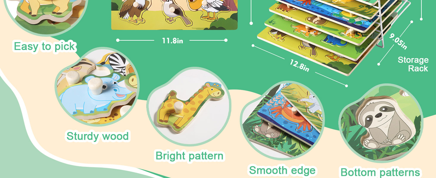 Wooden Puzzles for Toddlers 13, 6 Pack Peg Puzzles with