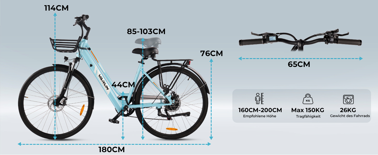 Elektrofahrrad mit detaillierten Maßen. Zu den Merkmalen gehören 180 cm Länge, 115 cm Höhe, 76 cm Lenkerbreite und 65 cm zusammengeklappte Lenkerbreite. Enthält Symbole für maximale Ladezeit, Ladezeit