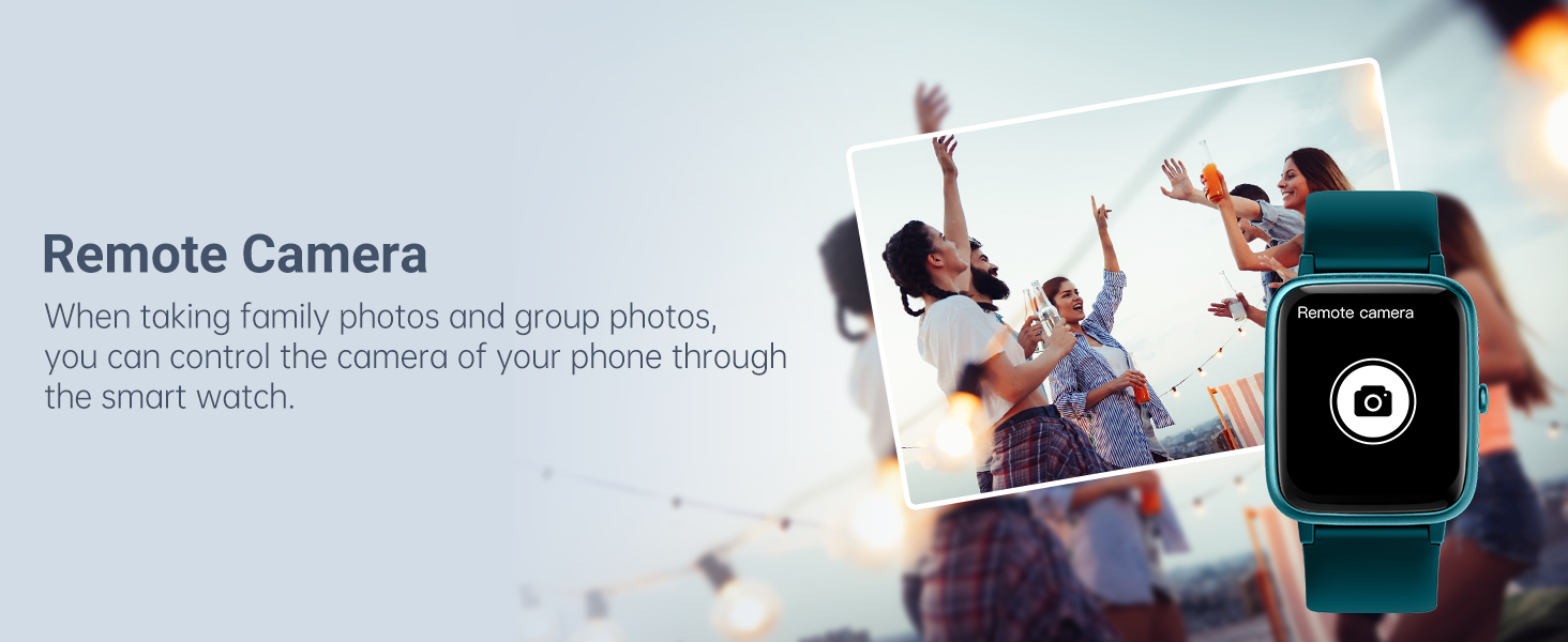 Smartwatch interface demonstrating remote camera control feature, with promotional image showing outdoor photography scenario.