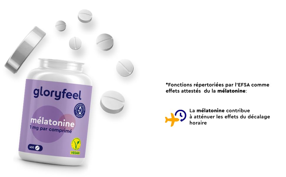 Flacon violet et blanc de suppléments de mélatonine de la marque Gloryfeel. Des pastilles blanches et un ruban à mesurer sont visibles à côté du flacon.