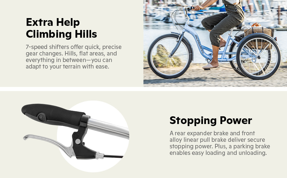 Images showing a rider on a tricycle and a close-up of the brake lever