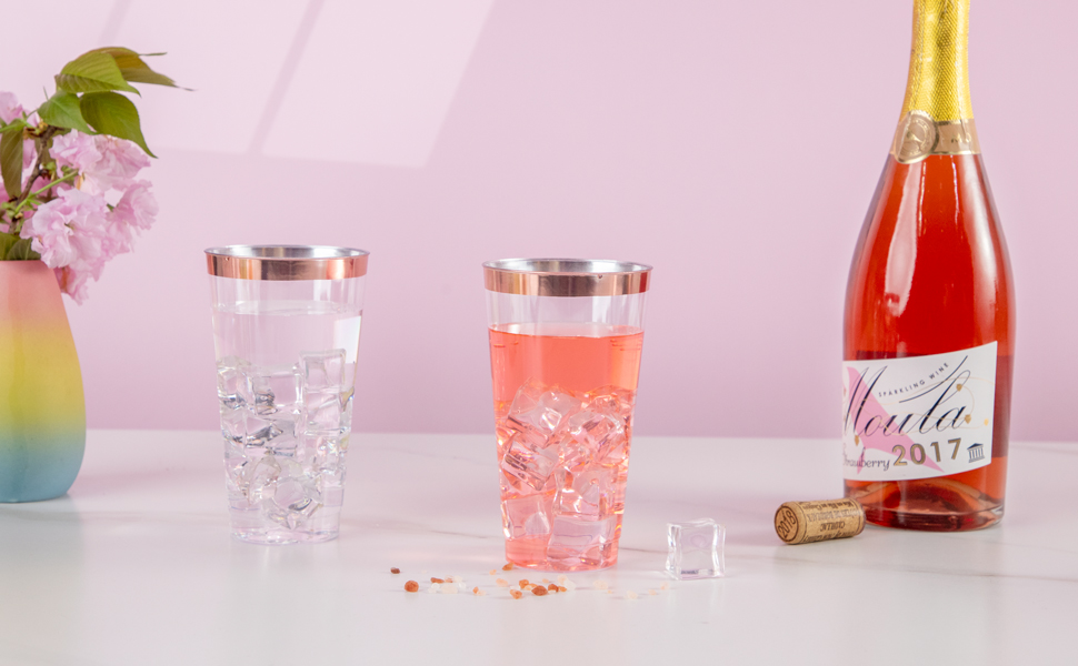 LIYH 100pcs Rose Gold Plastic Cups,16 oz Rose Gold Rimmed