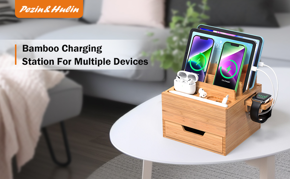 Natural Bamboo Charging Dock Rack, Large Charger Station with Drawer