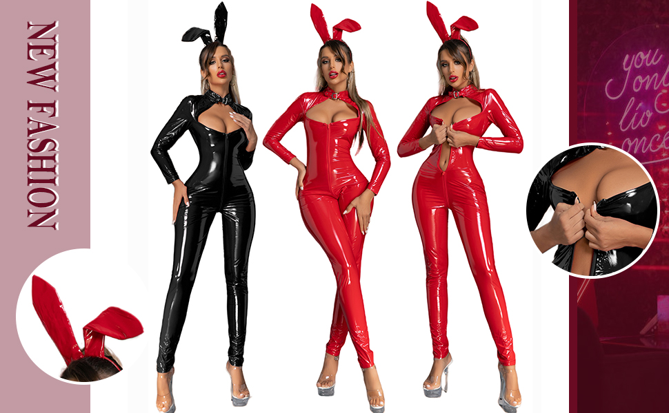 Women's Wet Look Bodysuit Sexy PU Leather