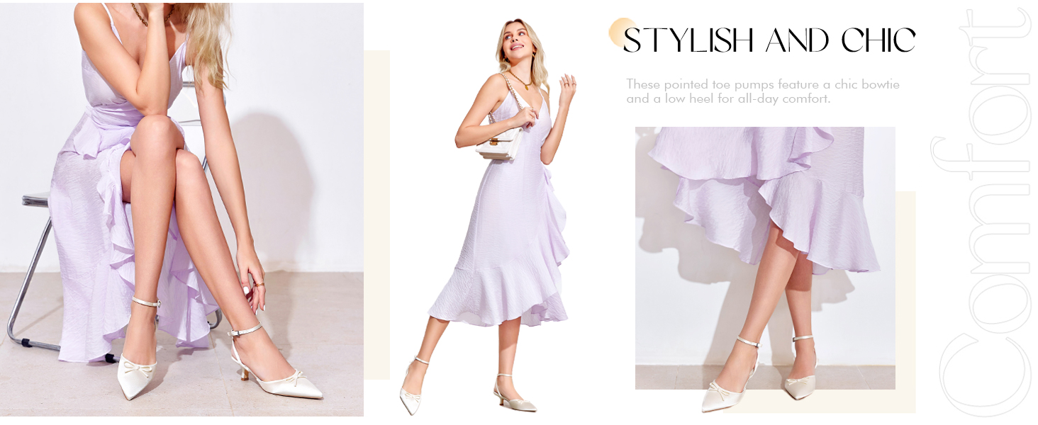 Womens Kitten Low Heels Bow Tie Closed Pointed Toe Ankle Strap Pumps Party Wedding Dress Shoes