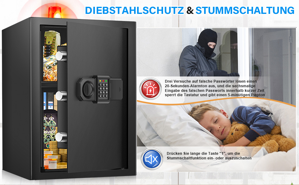 Large black electronic safe with digital keypad, shown alongside promotional security imagery demonstrating theft protection features.