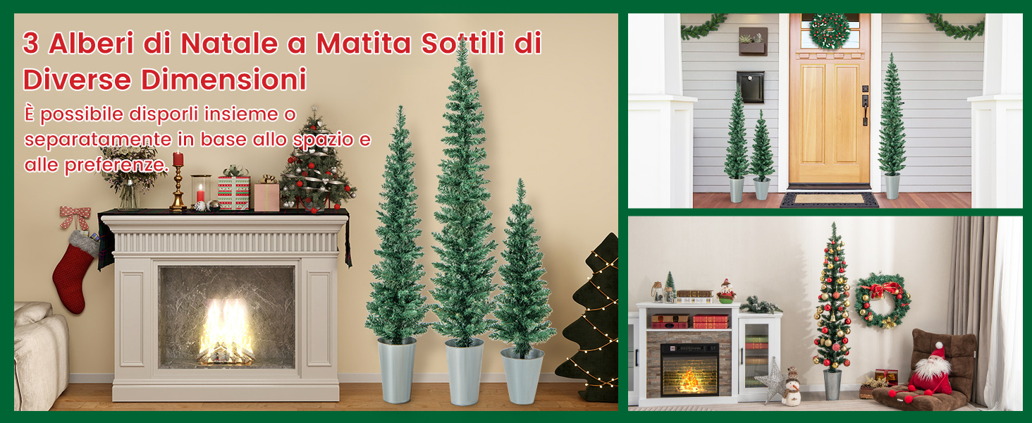 Alberi di Natale artificiali di varie dimensioni esposti in salotti con caminetti, decorazioni e calze