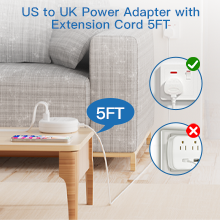 UK Travel Plug Adapter with Extension Cord 5FT