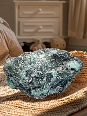 Große rohe Aquamarin- oder blaugrüne Kristallprobe auf gewebter Oberfläche, die natürliche Kristallbildung und Farbabweichungen zeigt.