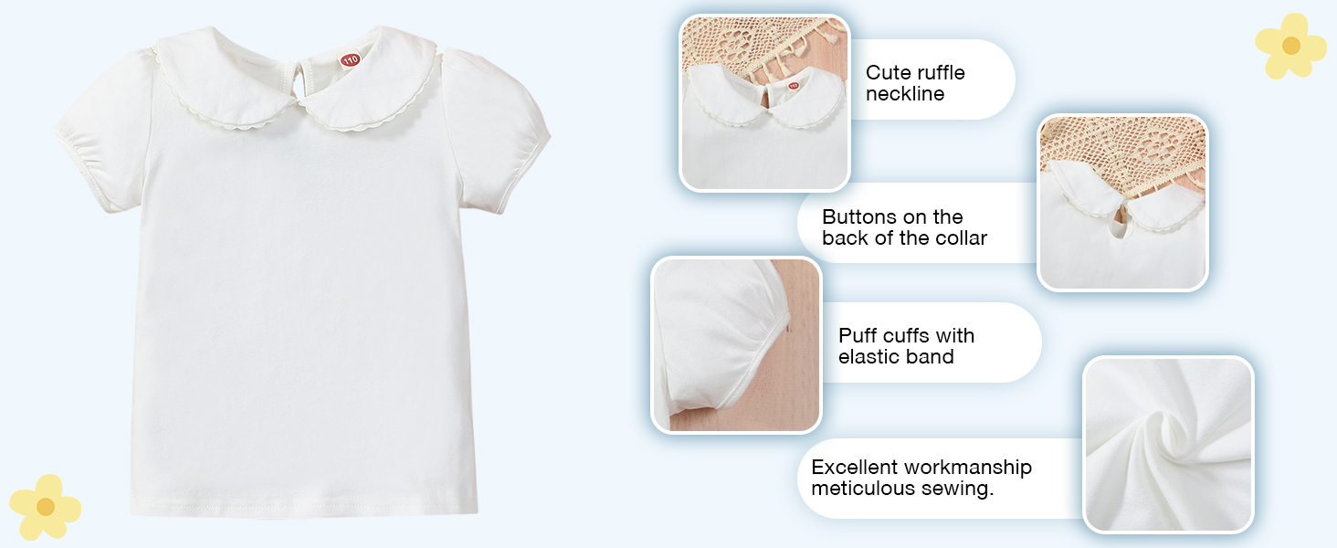 Baby Girl Kids Blouses Long/Shortsleeves Solid Color Doll Collar T-Shirt Top Bottom