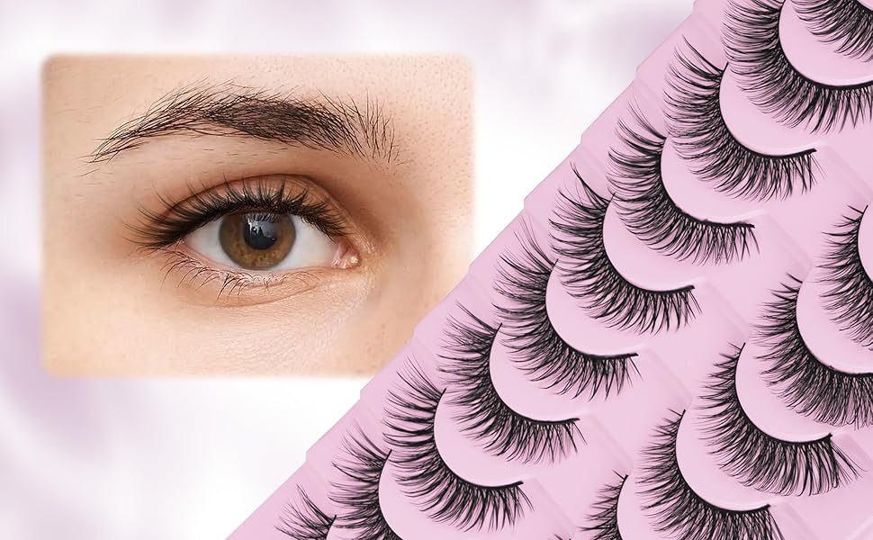 10 Pairs Wispy False Eyelashes with Clear Band, 14MM Fluffy Cat Eye Lashes