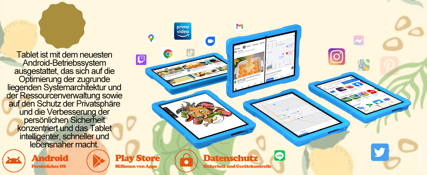 Benutzeroberflächenelemente der Website mit Navigationssymbolen und Menüpunkten in deutscher Sprache, mit Social-Media-Symbolen und dienstleistungsbezogenen Grafiken in einem hellbeigen Farbschema.