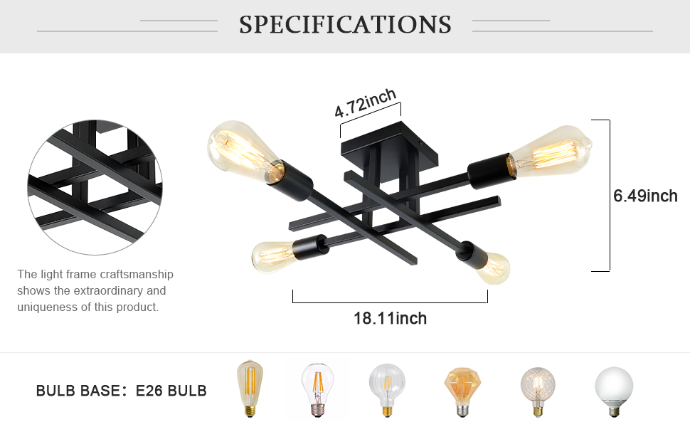 Semi Flush Mount Ceiling 4 Light,Matte Black Industrial Farmhouse