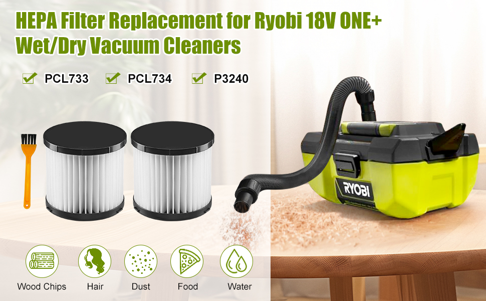 2 Pack Washable HEPA Filter Replacement for Ryobi 18V ONE+ Wet/Dry Vacuum Cleaners
