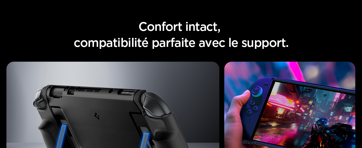 Support de manette de jeu noir pour appareils mobiles, avec touches bleues. Montré connecté à une tablette affichant une scène de jeu colorée.