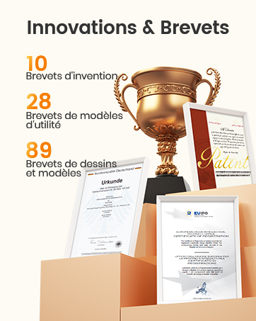 che mostra i risultati dei brevetti: 10 brevetti di invenzione, 28 brevetti di modelli di utilità e 89 brevetti di design. Sono mostrati i documenti relativi al trofeo d'oro