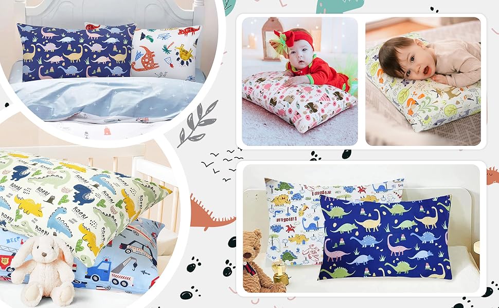 de taies d'oreiller pour enfants à motifs de dinosaures et de motifs colorés, présentées dans de multiples