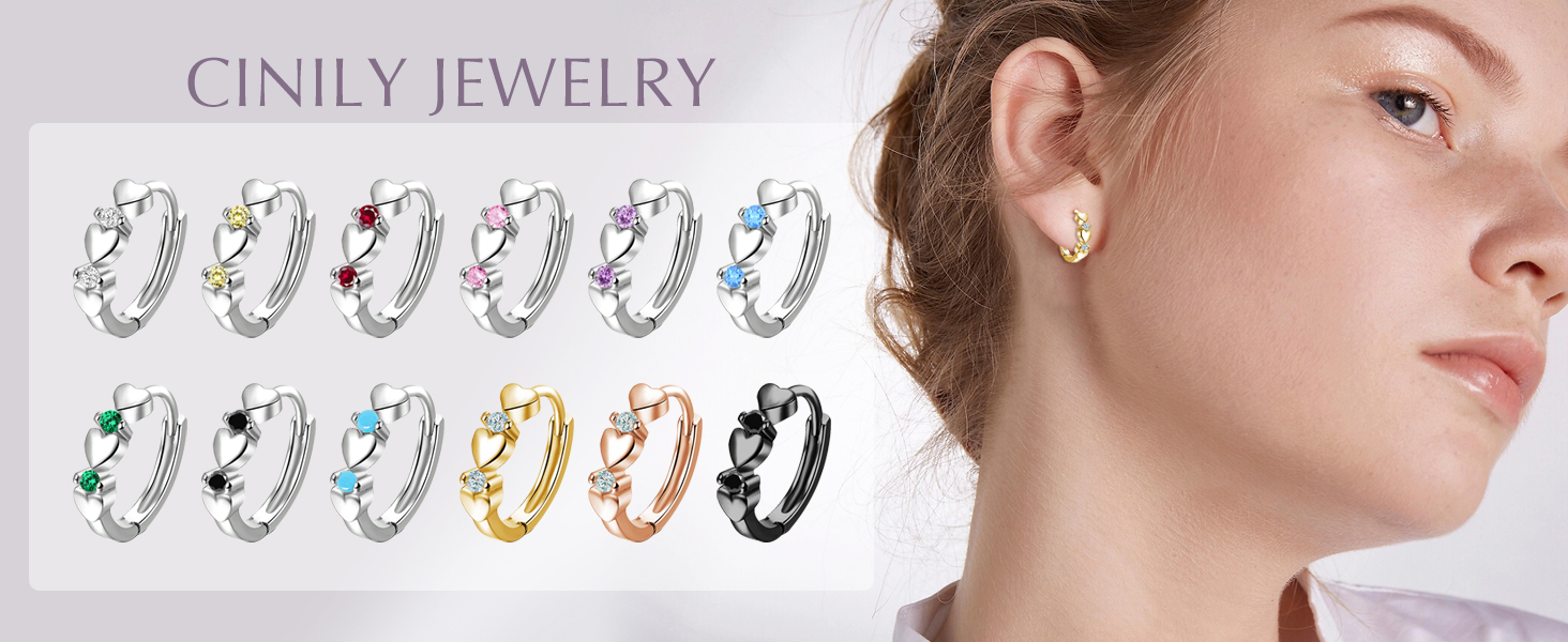 Heart Hoop Earrings for Women 14K Black Gold Plated Balck Cubic Zircon Small Earrings Hypoallergenic