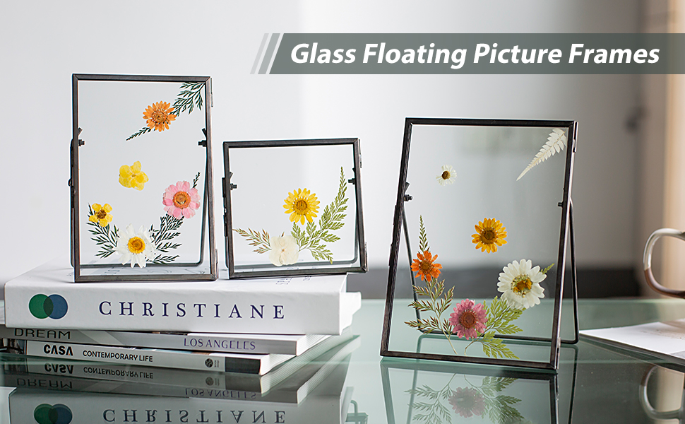 Set of 3 Glass Pressed Flowers Frame, Black Floating