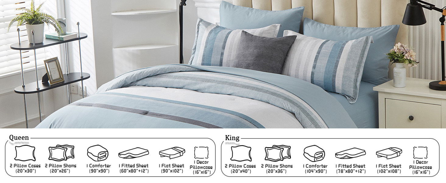Luxudecor Stripe Bed in a Bag Queen Size 8 Piece Comforter Set, Blue and Grey