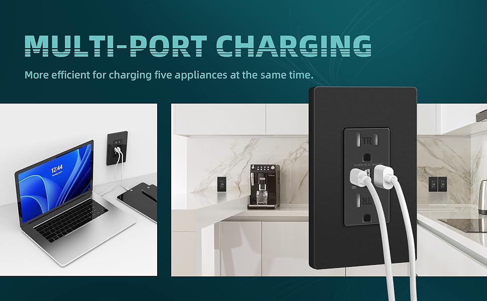 TOPELER Black USB C Outlet, 30W 3Port Type C USB Wall Outlet, 15 Amp