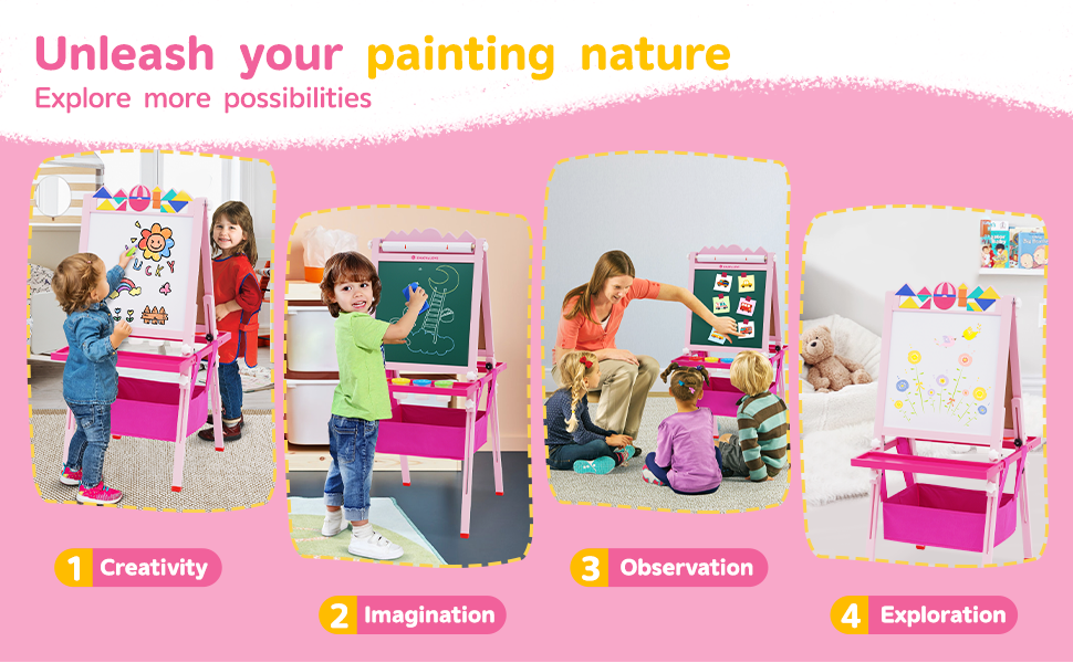 Kids Wooden Adjustable Standing Easel with Paper Roll&Painting
