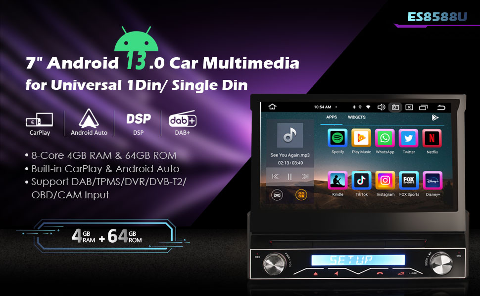 Android 13 4GB RAM+64GB ROM Single Din Detachable Car Stereo