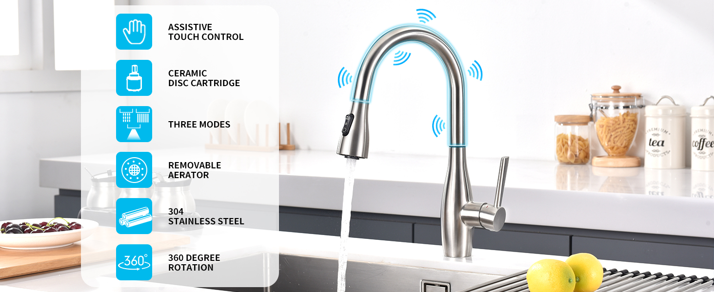 Touch On Kitchen Faucets with Pull Out Sprayer, Touch Activated