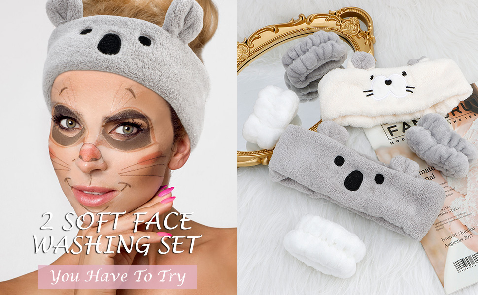 AHONEY Face Wash Headband and Wristband Set, Cute Makeup